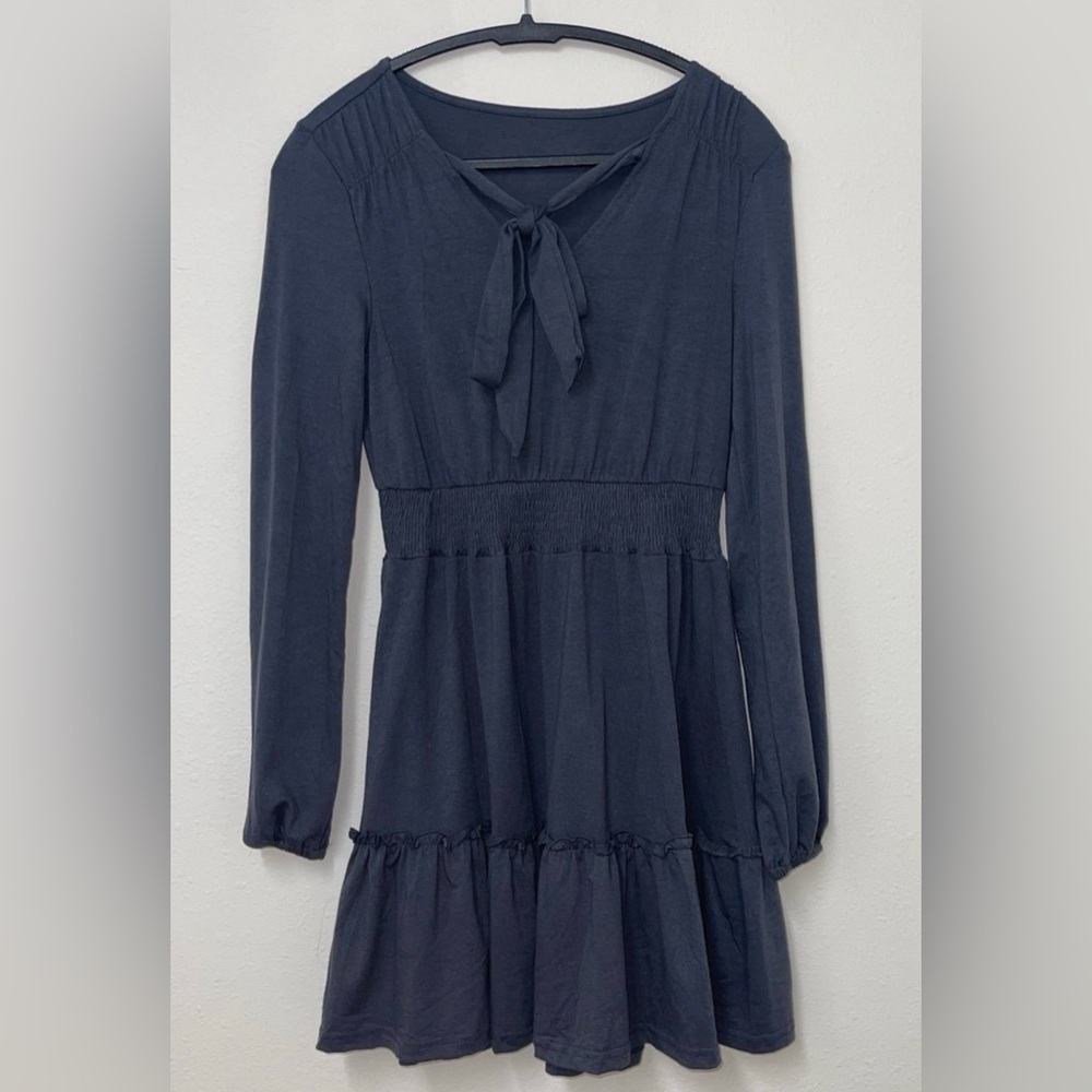 Navy Long Sleeve Dress with Tie Neck